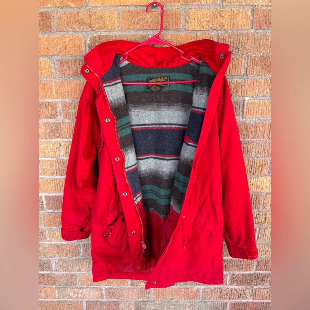 VTG Eddie Bauer Wool Blanket Lined Parka Jacket Women's Sz Med Bright Red Hood